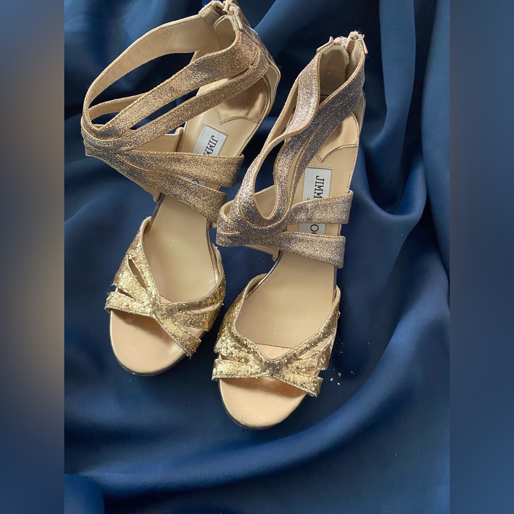 Jimmy Choo Heels Collar Gold Glitter Open Toe Heels
